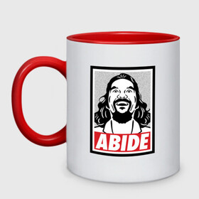 Кружка двухцветная с принтом ABIDE (Большой Лебовски) в Екатеринбурге, керамика | объем — 330 мл, диаметр — 80 мм. Цветная ручка и кайма сверху, в некоторых цветах — вся внутренняя часть | Тематика изображения на принте: abide | big | dude | jeff | lebowski | the | большой | лебовски | фильм | чувак