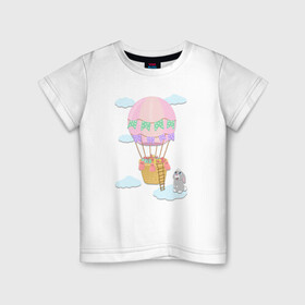 Детская футболка хлопок с принтом кролик и воздушный шар в Екатеринбурге, 100% хлопок | круглый вырез горловины, полуприлегающий силуэт, длина до линии бедер | Тематика изображения на принте: воздушный шар | детская иллюстрация | зайчик | зеленый | коробка | кролик | небо | облако | подарки | розовый | сюрприз