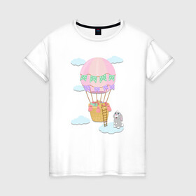 Женская футболка хлопок с принтом кролик и воздушный шар в Екатеринбурге, 100% хлопок | прямой крой, круглый вырез горловины, длина до линии бедер, слегка спущенное плечо | воздушный шар | детская иллюстрация | зайчик | зеленый | коробка | кролик | небо | облако | подарки | розовый | сюрприз