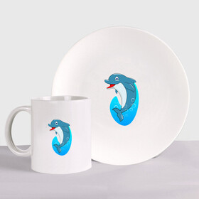 Набор: тарелка + кружка с принтом Дельфин в Екатеринбурге, керамика | Кружка: объем — 330 мл, диаметр — 80 мм. Принт наносится на бока кружки, можно сделать два разных изображения. 
Тарелка: диаметр - 210 мм, диаметр для нанесения принта - 120 мм. | dolphin | дельфин | дельфины | море | морские | на голубом | с дельфином