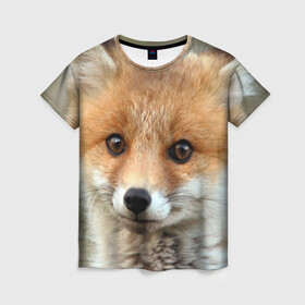 Женская футболка 3D с принтом Миленький лисенок в Екатеринбурге, 100% полиэфир ( синтетическое хлопкоподобное полотно) | прямой крой, круглый вырез горловины, длина до линии бедер | fox | foxy | животное | звери | лиса | лисенок | лисичка | милая | рыжая | фокс