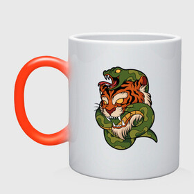 Кружка хамелеон с принтом Тигр кусает змею в Екатеринбурге, керамика | меняет цвет при нагревании, емкость 330 мл | битва | змея | кобра | тигр | хищники | яд