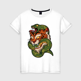 Женская футболка хлопок с принтом Тигр кусает змею в Екатеринбурге, 100% хлопок | прямой крой, круглый вырез горловины, длина до линии бедер, слегка спущенное плечо | битва | змея | кобра | тигр | хищники | яд