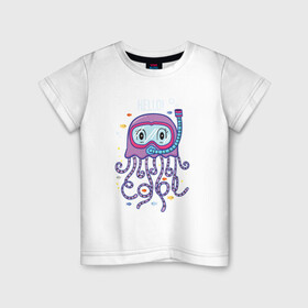 Детская футболка хлопок с принтом Милый Осьминог в Екатеринбурге, 100% хлопок | круглый вырез горловины, полуприлегающий силуэт, длина до линии бедер | Тематика изображения на принте: вода | море | океан | осьминог | осьминожка | рыбка | рыбы