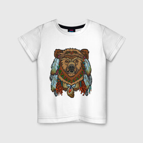Детская футболка хлопок с принтом Славянский медведь в Екатеринбурге, 100% хлопок | круглый вырез горловины, полуприлегающий силуэт, длина до линии бедер | animal | art | bear | beast | slavic symbols | арт | животное | зверь | медведь | славянская символика