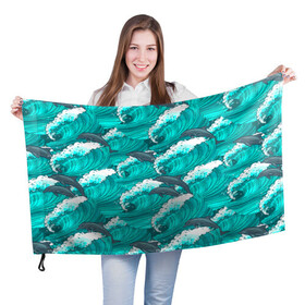 Флаг 3D с принтом Дельфины в море в Екатеринбурге, 100% полиэстер | плотность ткани — 95 г/м2, размер — 67 х 109 см. Принт наносится с одной стороны | dolphin | дельфин | дельфины | море | морские | на голубом | с дельфином
