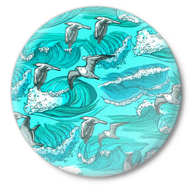 Значок с принтом Чайки в море в Екатеринбурге,  металл | круглая форма, металлическая застежка в виде булавки | волны | море | морские | птицы | чайка | чайки