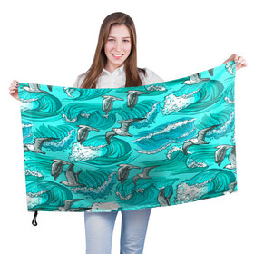 Флаг 3D с принтом Чайки в море в Екатеринбурге, 100% полиэстер | плотность ткани — 95 г/м2, размер — 67 х 109 см. Принт наносится с одной стороны | волны | море | морские | птицы | чайка | чайки