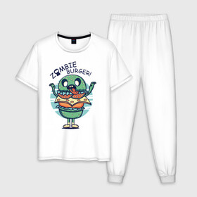 Мужская пижама хлопок с принтом Zombie Burger! в Екатеринбурге, 100% хлопок | брюки и футболка прямого кроя, без карманов, на брюках мягкая резинка на поясе и по низу штанин
 | бургер | вредная еда | гамбургер | зомби | иллюстрация