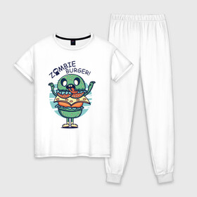 Женская пижама хлопок с принтом Zombie Burger! в Екатеринбурге, 100% хлопок | брюки и футболка прямого кроя, без карманов, на брюках мягкая резинка на поясе и по низу штанин | бургер | вредная еда | гамбургер | зомби | иллюстрация