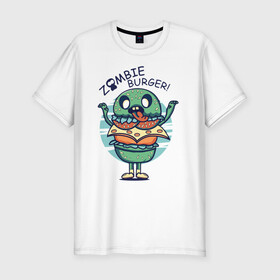 Мужская футболка хлопок Slim с принтом Zombie Burger! в Екатеринбурге, 92% хлопок, 8% лайкра | приталенный силуэт, круглый вырез ворота, длина до линии бедра, короткий рукав | бургер | вредная еда | гамбургер | зомби | иллюстрация