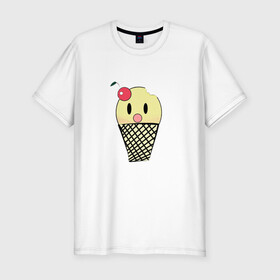 Мужская футболка хлопок Slim с принтом  Мороженое Ice-cream в Екатеринбурге, 92% хлопок, 8% лайкра | приталенный силуэт, круглый вырез ворота, длина до линии бедра, короткий рукав | вишня | мороженное | стаканчик | стоит | удивленное