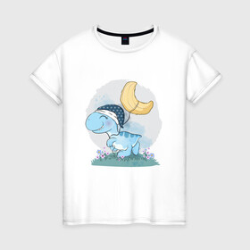Женская футболка хлопок с принтом Динозаврик  в Екатеринбурге, 100% хлопок | прямой крой, круглый вырез горловины, длина до линии бедер, слегка спущенное плечо | динозаврик | лужайка | луна | ночная шапочка | ночник | ночь | сон | цветы