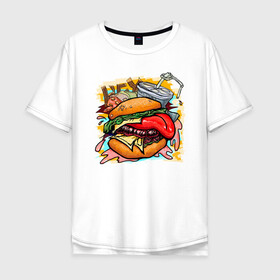 Мужская футболка хлопок Oversize с принтом Hey, Burger!  в Екатеринбурге, 100% хлопок | свободный крой, круглый ворот, “спинка” длиннее передней части | burger | вредная еда | гамбургер | иллюстрация | напиток
