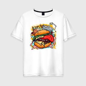 Женская футболка хлопок Oversize с принтом Hey, Burger!  в Екатеринбурге, 100% хлопок | свободный крой, круглый ворот, спущенный рукав, длина до линии бедер
 | Тематика изображения на принте: burger | вредная еда | гамбургер | иллюстрация | напиток