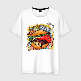 Мужская футболка хлопок с принтом Hey, Burger!  в Екатеринбурге, 100% хлопок | прямой крой, круглый вырез горловины, длина до линии бедер, слегка спущенное плечо. | burger | вредная еда | гамбургер | иллюстрация | напиток