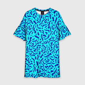 Детское платье 3D с принтом Неоновые синие узоры в Екатеринбурге, 100% полиэстер | прямой силуэт, чуть расширенный к низу. Круглая горловина, на рукавах — воланы | abstract | blue | neon | sea | абстракционизм | абстракция | африканские | вода | волны | голубые узоры | камуфляж | лагуна | линии | мелкий узор | мемфис | море | морское | неоновый | орнамент | пятна | пятнистый
