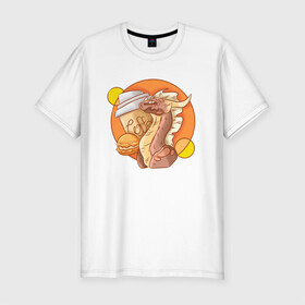 Мужская футболка хлопок Slim с принтом Кофейный дракон в Екатеринбурге, 92% хлопок, 8% лайкра | приталенный силуэт, круглый вырез ворота, длина до линии бедра, короткий рукав | дракон | дракон с кофе | коричневый | кофе | оранжевый