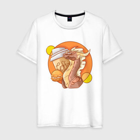 Мужская футболка хлопок с принтом Кофейный дракон в Екатеринбурге, 100% хлопок | прямой крой, круглый вырез горловины, длина до линии бедер, слегка спущенное плечо. | дракон | дракон с кофе | коричневый | кофе | оранжевый