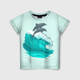 Детская футболка 3D с принтом Два дельфина в Екатеринбурге, 100% гипоаллергенный полиэфир | прямой крой, круглый вырез горловины, длина до линии бедер, чуть спущенное плечо, ткань немного тянется | Тематика изображения на принте: dolphin | волна | два дельфина | дельфин | дельфины | море | морские | на голубом | с дельфином