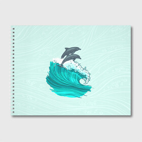 Альбом для рисования с принтом Два дельфина в Екатеринбурге, 100% бумага
 | матовая бумага, плотность 200 мг. | dolphin | волна | два дельфина | дельфин | дельфины | море | морские | на голубом | с дельфином