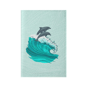 Обложка для паспорта матовая кожа с принтом Два дельфина в Екатеринбурге, натуральная матовая кожа | размер 19,3 х 13,7 см; прозрачные пластиковые крепления | Тематика изображения на принте: dolphin | волна | два дельфина | дельфин | дельфины | море | морские | на голубом | с дельфином