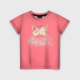 Детская футболка 3D с принтом Блестящая бабочка в Екатеринбурге, 100% гипоаллергенный полиэфир | прямой крой, круглый вырез горловины, длина до линии бедер, чуть спущенное плечо, ткань немного тянется | Тематика изображения на принте: insects | pink girls | бабочка | блёстки | опыление | пыльца | розовое
