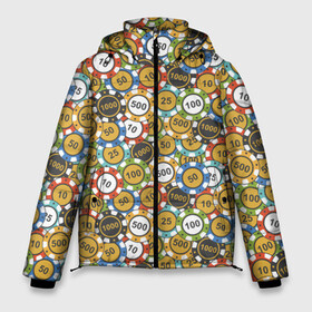 Мужская зимняя куртка 3D с принтом Покерные Фишки в Екатеринбурге, верх — 100% полиэстер; подкладка — 100% полиэстер; утеплитель — 100% полиэстер | длина ниже бедра, свободный силуэт Оверсайз. Есть воротник-стойка, отстегивающийся капюшон и ветрозащитная планка. 

Боковые карманы с листочкой на кнопках и внутренний карман на молнии. | 777 | cards | casino | chips | flash | fortune | game | joker | luck | omaha | poker | roulette | straight | texas holdem | tournament | азарт | джокер | игра | казино | карты | омаха | покер | рулетка | стрит | техасский холдэм | турнир | удача | фишки |