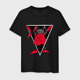 Мужская футболка хлопок с принтом Rose And eye в Екатеринбурге, 100% хлопок | прямой крой, круглый вырез горловины, длина до линии бедер, слегка спущенное плечо. | геометрия | глаз | красная | красный | пентаграмма | роза | треугольник