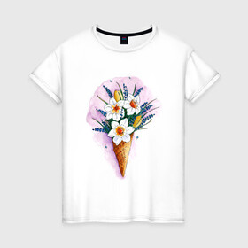 Женская футболка хлопок с принтом Цветы в Екатеринбурге, 100% хлопок | прямой крой, круглый вырез горловины, длина до линии бедер, слегка спущенное плечо | акварель | весна | красивые картинки | лето | мороженое | нарциссы | тренд | цветы