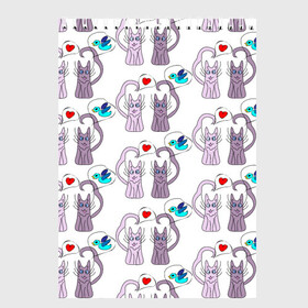 Скетчбук с принтом Фиолетовые котики в Екатеринбурге, 100% бумага
 | 48 листов, плотность листов — 100 г/м2, плотность картонной обложки — 250 г/м2. Листы скреплены сверху удобной пружинной спиралью | Тематика изображения на принте: кошки | любовь | милый | птичка | сердце
