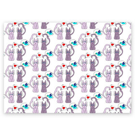 Поздравительная открытка с принтом Фиолетовые котики в Екатеринбурге, 100% бумага | плотность бумаги 280 г/м2, матовая, на обратной стороне линовка и место для марки
 | Тематика изображения на принте: кошки | любовь | милый | птичка | сердце