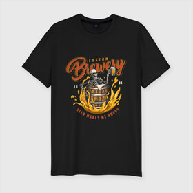 Мужская футболка хлопок Slim с принтом Пивовар в Екатеринбурге, 92% хлопок, 8% лайкра | приталенный силуэт, круглый вырез ворота, длина до линии бедра, короткий рукав | art | barrel | beer | fire | skeleton | арт | бочка | огонь | скелет