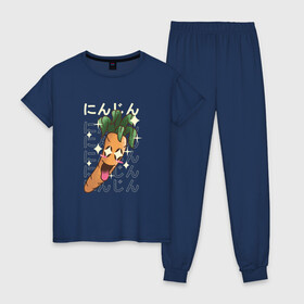 Женская пижама хлопок с принтом Японская кавайная морковка в Екатеринбурге, 100% хлопок | брюки и футболка прямого кроя, без карманов, на брюках мягкая резинка на поясе и по низу штанин | anime | art | carrot | carrots | cute | fashion | japan | japanese | kanji | kawaii | manga | vegan | vegetables | алфавит | аниме | арт | в японском стиле | веган | кандзи | манга | милота | морковь | овощ | овощи | смех | японские буквы | япо