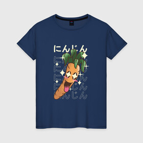 Женская футболка хлопок с принтом Японская кавайная морковка в Екатеринбурге, 100% хлопок | прямой крой, круглый вырез горловины, длина до линии бедер, слегка спущенное плечо | anime | art | carrot | carrots | cute | fashion | japan | japanese | kanji | kawaii | manga | vegan | vegetables | алфавит | аниме | арт | в японском стиле | веган | кандзи | манга | милота | морковь | овощ | овощи | смех | японские буквы | япо