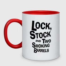 Кружка двухцветная с принтом Lock Stock and Two Smoking Barrels Лого в Екатеринбурге, керамика | объем — 330 мл, диаметр — 80 мм. Цветная ручка и кайма сверху, в некоторых цветах — вся внутренняя часть | Тематика изображения на принте: 1998 | guy ritchie | lock | stock and two smoking barrels | гай ричи | два ствола | деньги | карты | кино | фильм