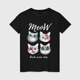 Женская футболка хлопок с принтом РОК КОТЫ в Екатеринбурге, 100% хлопок | прямой крой, круглый вырез горловины, длина до линии бедер, слегка спущенное плечо | and | cat | cats | cute | funny | heavy | kitten | kitty | meow | metal | music | n | pet | rock | roll | star | кот | котик | коты | кошка | кошки | крутой | музыка | рок