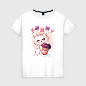 Женская футболка хлопок с принтом Котик с кофе в Екатеринбурге, 100% хлопок | прямой крой, круглый вырез горловины, длина до линии бедер, слегка спущенное плечо | cat | coffee | cute | kitten | kitty | кот | котенок | котик | кофе | милый