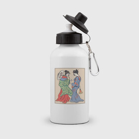 Бутылка спортивная с принтом Японские Гейши Гравюра Укиё-э в Екатеринбурге, металл | емкость — 500 мл, в комплекте две пластиковые крышки и карабин для крепления | art | geisha | geishas | japan | japanese | japanese girls | retro | ukiyo e | vintage | woman | women | арт | бидзин га | бидзинга | винтаж | живопись | иллюстрация | картина | картинка | ретро | эдо | япония | японская живопись | японские девушк