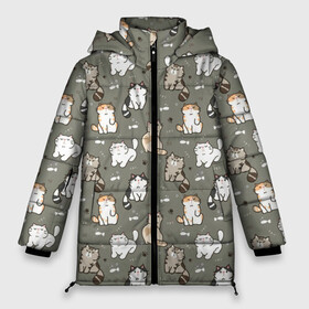 Женская зимняя куртка Oversize с принтом Кошечки с рыбками в Екатеринбурге, верх — 100% полиэстер; подкладка — 100% полиэстер; утеплитель — 100% полиэстер | длина ниже бедра, силуэт Оверсайз. Есть воротник-стойка, отстегивающийся капюшон и ветрозащитная планка. 

Боковые карманы с листочкой на кнопках и внутренний карман на молнии | Тематика изображения на принте: cat | cats | kitten | глаза | глазки | девочкам | кот | котёнок | котик | котики | котэ | котята | кошак | кошка | кошки | красивая | милая | прикольная | светлая | темная | черная