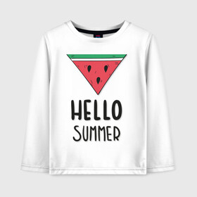 Детский лонгслив хлопок с принтом HELLO SUMMER в Екатеринбурге, 100% хлопок | круглый вырез горловины, полуприлегающий силуэт, длина до линии бедер | Тематика изображения на принте: funny | happy | hello | icecream | rainbow | romantic | summer | sun | арбуз | веселье | значки | лето | отдых | отпуск | привет | романтика | солнце | счастье | тепло