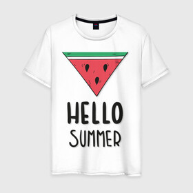 Мужская футболка хлопок с принтом HELLO SUMMER в Екатеринбурге, 100% хлопок | прямой крой, круглый вырез горловины, длина до линии бедер, слегка спущенное плечо. | Тематика изображения на принте: funny | happy | hello | icecream | rainbow | romantic | summer | sun | арбуз | веселье | значки | лето | отдых | отпуск | привет | романтика | солнце | счастье | тепло