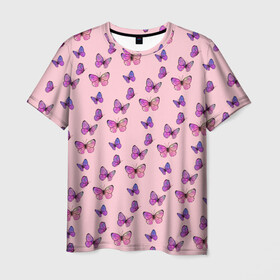 Мужская футболка 3D с принтом Бабочки фиолетовые 2 в Екатеринбурге, 100% полиэфир | прямой крой, круглый вырез горловины, длина до линии бедер | бабочка | бабочки | насекомые | нежный | рисунок | роза | сирень | цветочек | цветочный | цветы