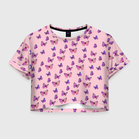 Женская футболка Crop-top 3D с принтом Бабочки фиолетовые 2 в Екатеринбурге, 100% полиэстер | круглая горловина, длина футболки до линии талии, рукава с отворотами | бабочка | бабочки | насекомые | нежный | рисунок | роза | сирень | цветочек | цветочный | цветы