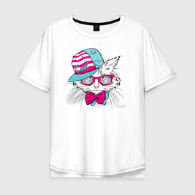 Мужская футболка хлопок Oversize с принтом Cool Cat в Екатеринбурге, 100% хлопок | свободный крой, круглый ворот, “спинка” длиннее передней части | белый кот | иллюстрация | киска | котик | сats