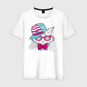 Мужская футболка хлопок с принтом Cool Cat в Екатеринбурге, 100% хлопок | прямой крой, круглый вырез горловины, длина до линии бедер, слегка спущенное плечо. | белый кот | иллюстрация | киска | котик | сats