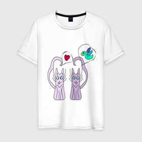 Мужская футболка хлопок с принтом Фиолетовые котики 2 в Екатеринбурге, 100% хлопок | прямой крой, круглый вырез горловины, длина до линии бедер, слегка спущенное плечо. | Тематика изображения на принте: кот | любовь | милый | птица | сердце