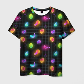 Мужская футболка 3D с принтом Ночные фонарики-светлячки в Екатеринбурге, 100% полиэфир | прямой крой, круглый вырез горловины, длина до линии бедер | абстракция | неон | ночь | паттерн | свет | светлячки | текстуры | узоры | чипсы