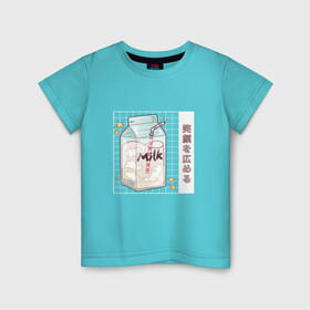 Детская футболка хлопок с принтом Японское кавайное молоко в Екатеринбурге, 100% хлопок | круглый вырез горловины, полуприлегающий силуэт, длина до линии бедер | anime | art | carton | cocktail | cute | food | japan | japanese | kanji | kawaii | manga | milk | алфавит | аниме | арт | в японском стиле | звёзды | кандзи | картон | манга | милота | молочный коктейль | облака | стиль токио | японские буквы 