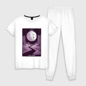 Женская пижама хлопок с принтом Карты ТАРО | Пейзаж с луной в Екатеринбурге, 100% хлопок | брюки и футболка прямого кроя, без карманов, на брюках мягкая резинка на поясе и по низу штанин | Тематика изображения на принте: 17 век | esoteric | moon | moonlight | moonshine | night | tarot card | башни | гадание | живая луна | замок | затмение | звёздная ночь | звёздное небо | звёзды | карта таро | кристаллы | луна | лунный свет | пейзаж | полумесяц
